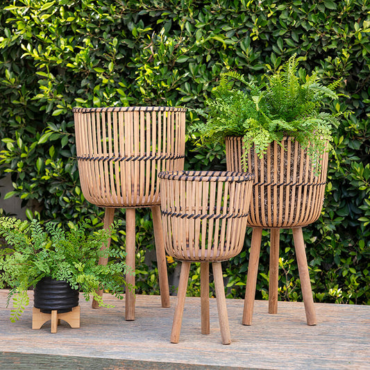 26 Natural Bamboo Footed Planters - Set of 3