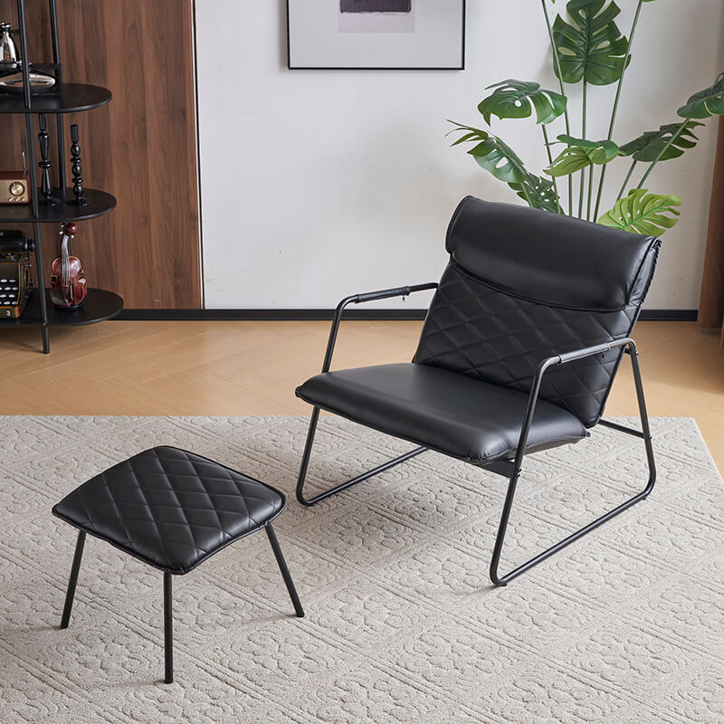 27.56" Mid-Century Black Lattice Accent Armchair with Ottoman - Set of 2