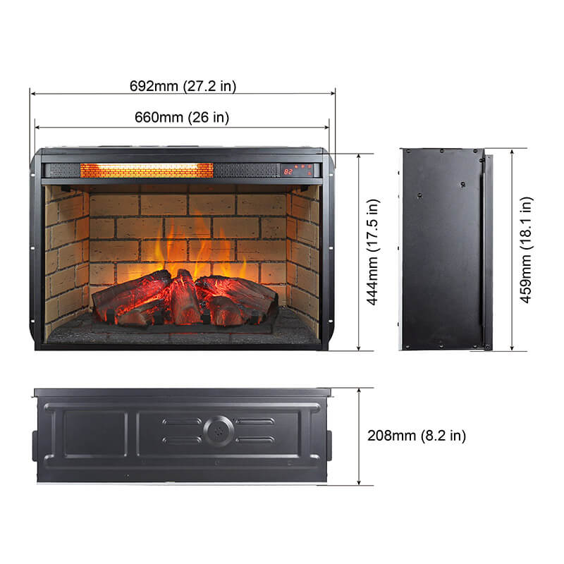 A dimension Image of our 27" Antique Black Infrared Quartz Heater Insert Electric Fireplace