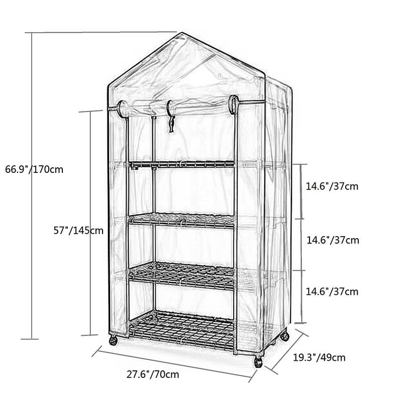 A dimension Image of our 27" Transparent Mini Walk-in 4-Tiers Outdoor Greenhouse With Wheels