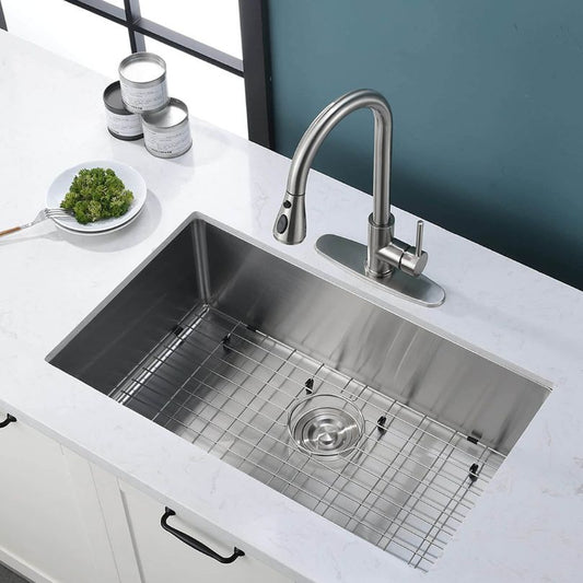 27" Undermount Silver Stainless Steel Kitchen Sink with Sink Grid