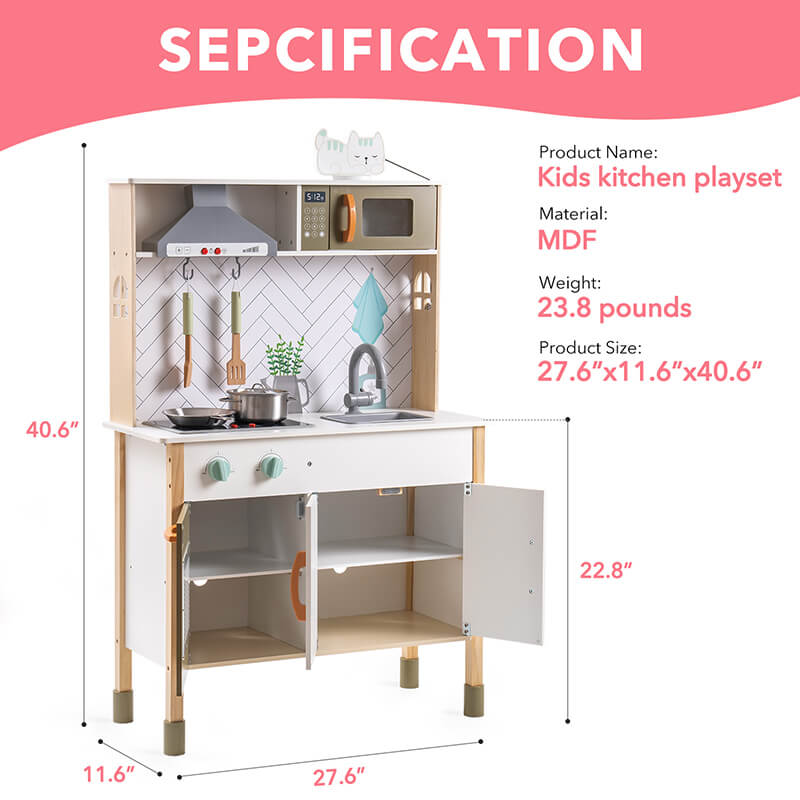 A Specification and dimension Image of our 27" White and Green Classic Wooden Kitchen Playset for Kids