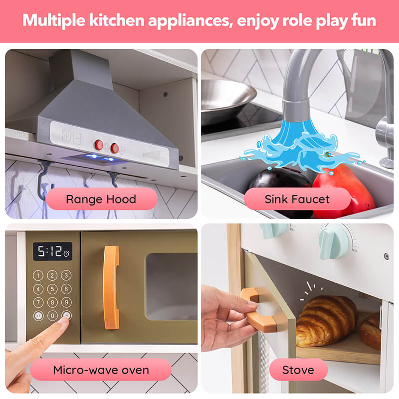 The kitchen playset has multiple kitchen appliances 