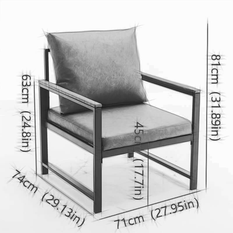 A dimension Image of our 29" Modern Gray PU Leather Accent Chair with Padded Back and Black Powder Coated Metal Frame