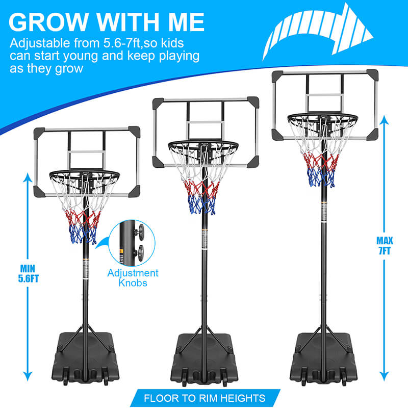 29 Portable Iron Basketball Hoop with Stable Base and Wheels - Adjustable Height 5.6 to 7ft