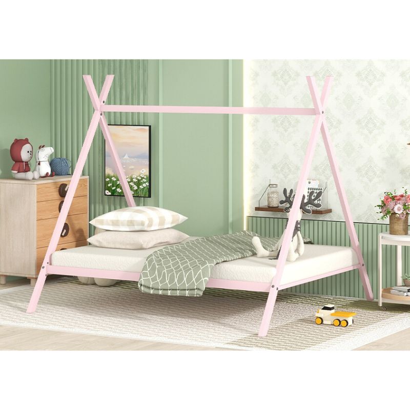 76.8" Pink Metal Play House Bed Tent With Slat For Kids