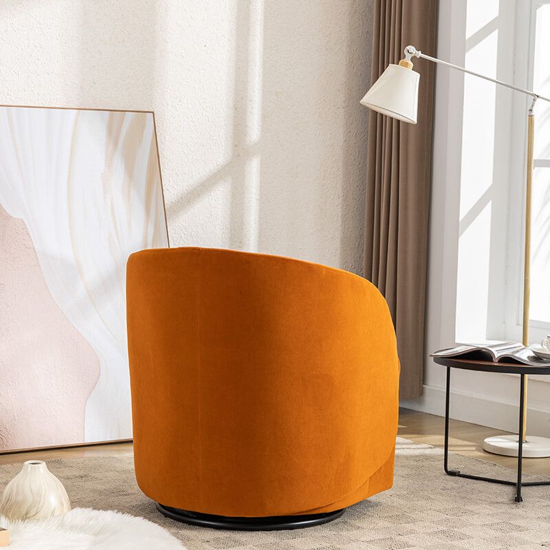 25" Orange Round Velvet Swivel Accent Barrel Chair With Black Base