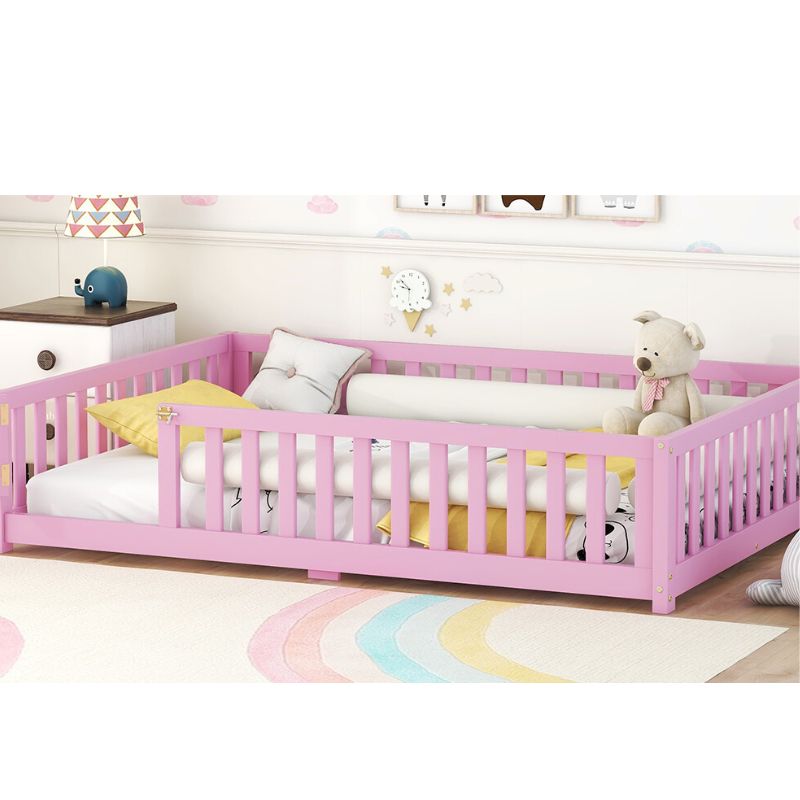 77.6" Pink Full Size Bed Floor With Safety Guardrails For Kids