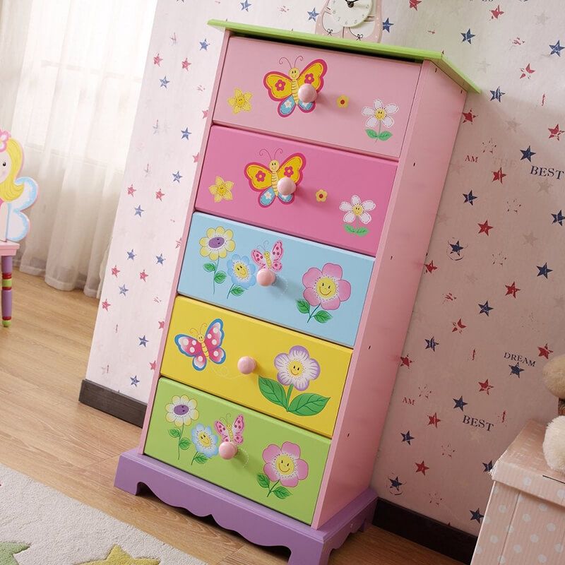 18.5" Pink Hand Painted Olivia The Fairy Kids 5 Drawers Dresser