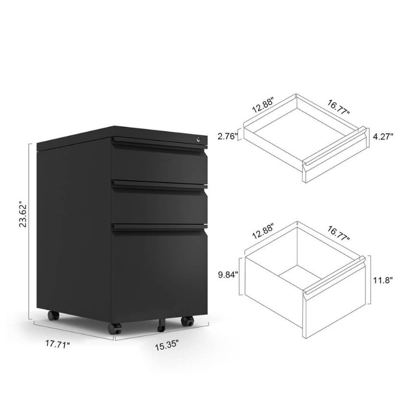 3-Drawer Mobile Metal Filing Cabinet with Lock