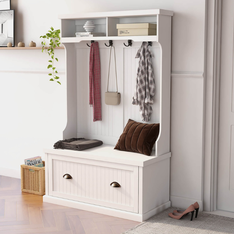 3-in-1 White Entryway Hall Tree with Coat Racks and Storage Bench