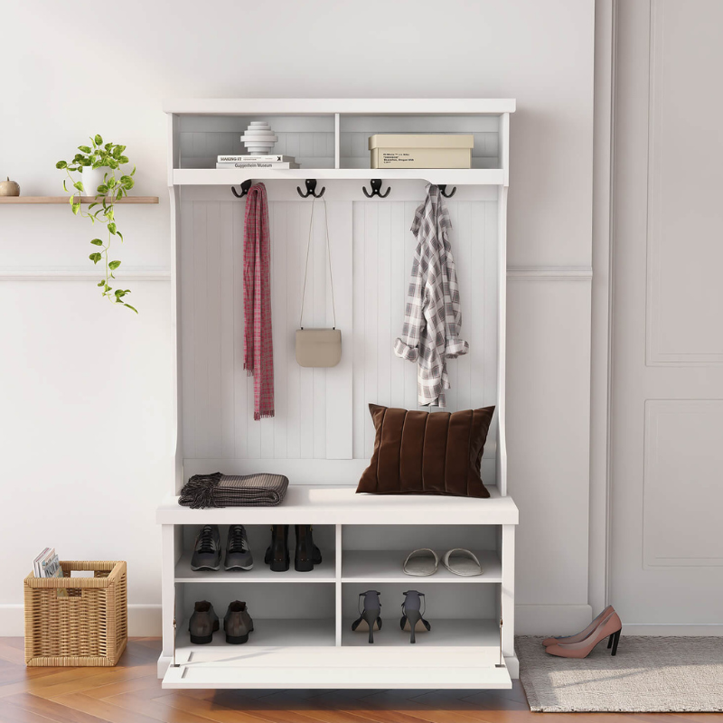 3-in-1 White Entryway Hall Tree with Coat Racks and Storage Bench