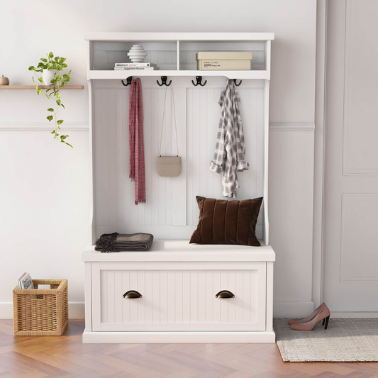 3-in-1 White Entryway Hall Tree with Coat Racks and Storage Bench