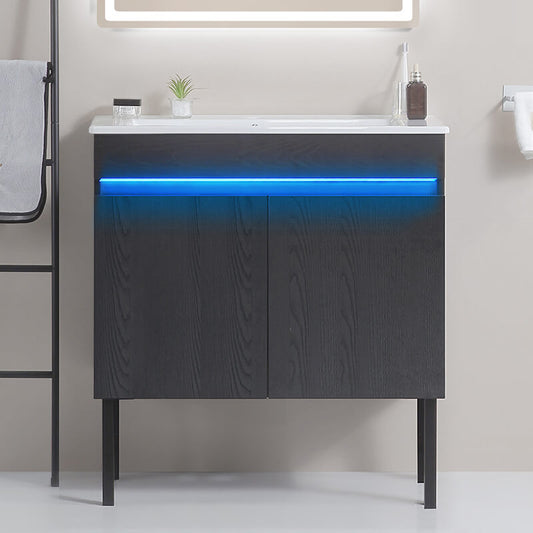 30" Black Floating and Freestanding Bathroom Vanity with Radar Sensing Light and Removable Metal Legs