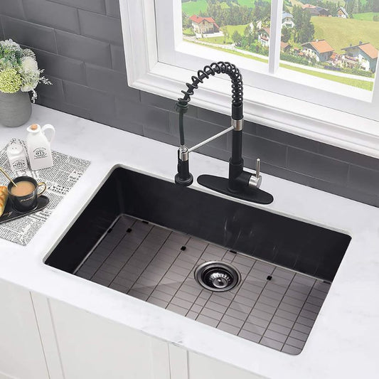 30" Black Stainless Steel Undermount Kitchen Sink With Sink Grid