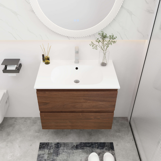 30" Brown Oak Bathroom Vanity with White Gel Basin Top