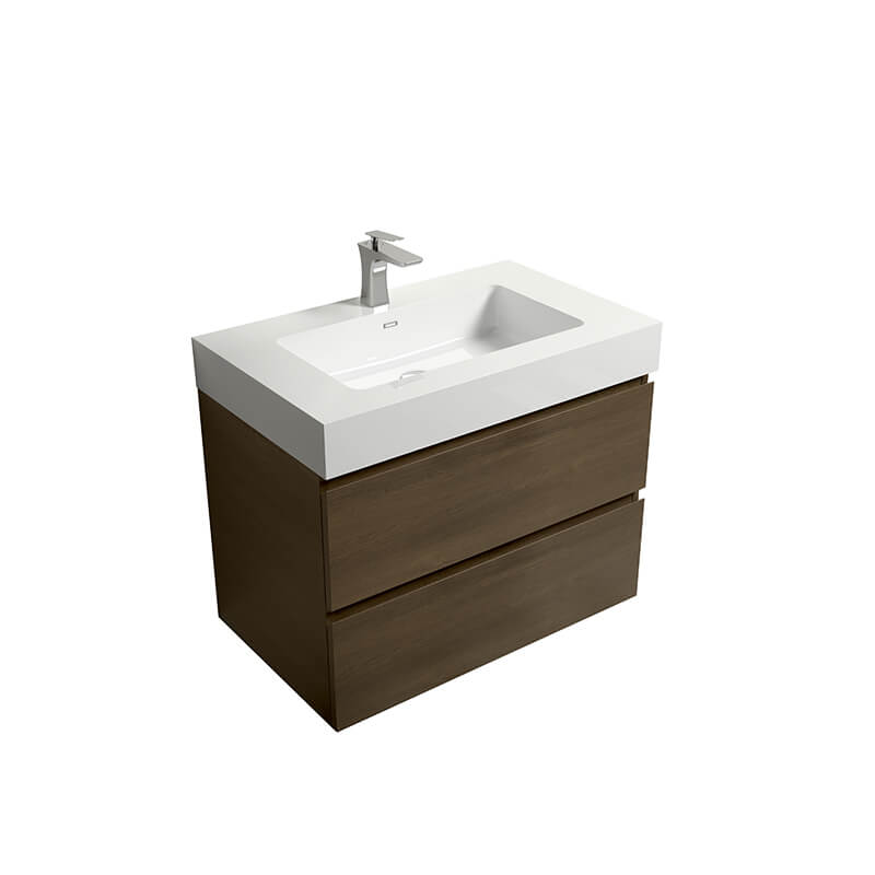 30" Dark Oak Floating Bathroom Vanity with White Sink & 2 Drawers