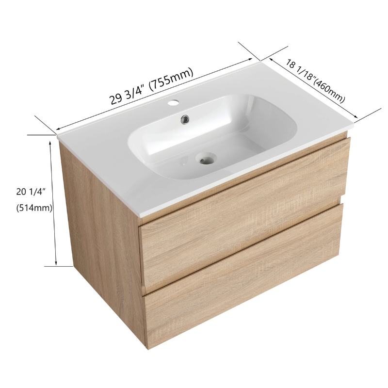 30" Floating Bathroom Vanity with White Gel Basin Top