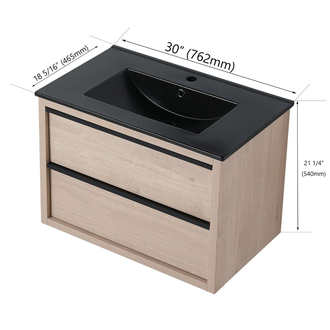 A dimension image of the 30" Floating Light-oak 2 soft-drawers Bathroom Vanity with Black Ceramic Sink