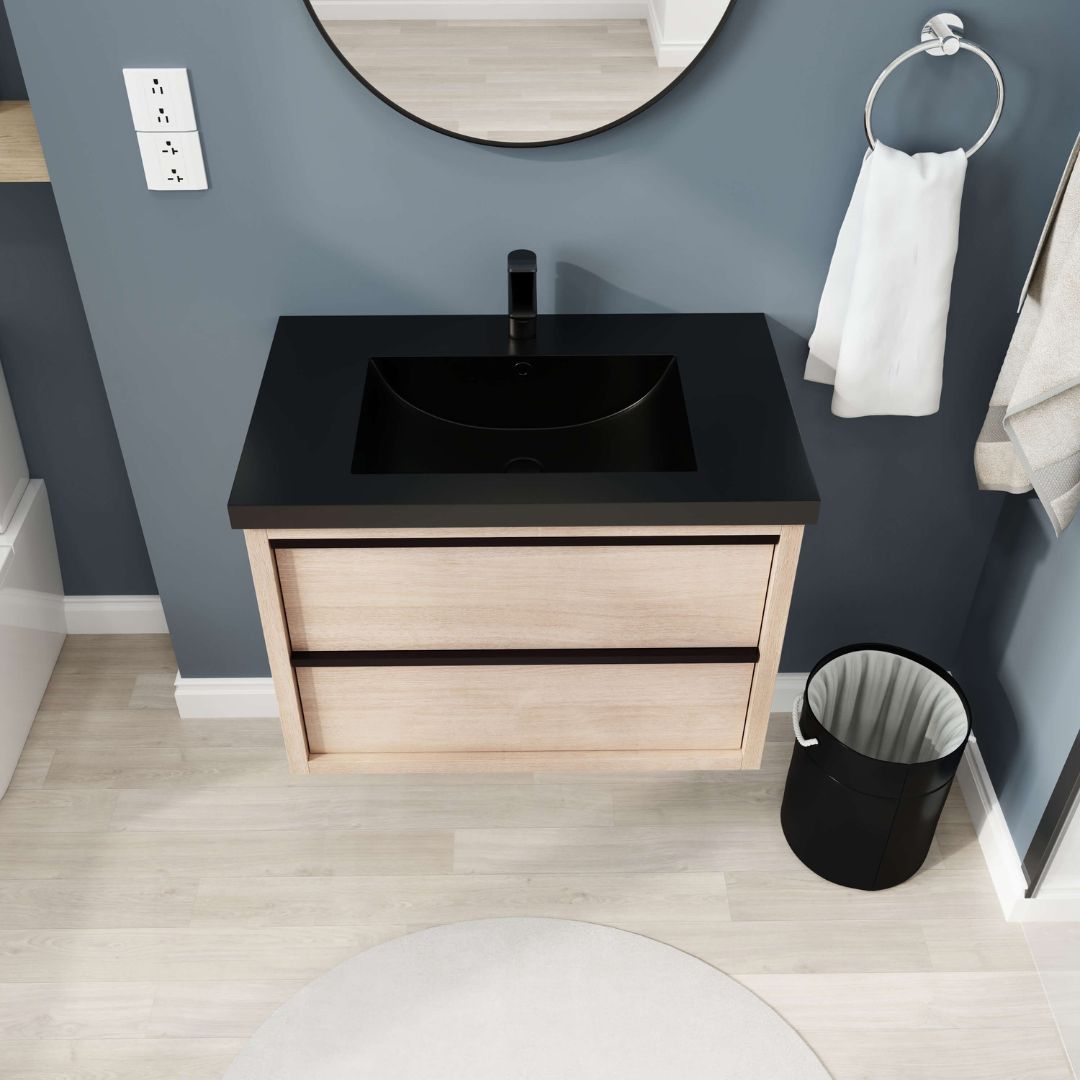 30" Floating Light-oak 2 soft-drawers Bathroom Vanity with Black Ceramic Sink