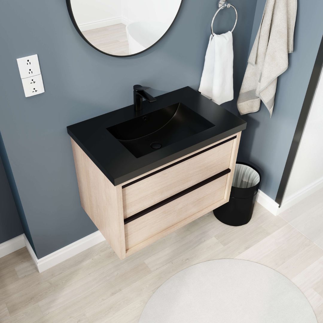 30" Floating Light-oak 2 soft-drawers Bathroom Vanity with Black Ceramic Sink