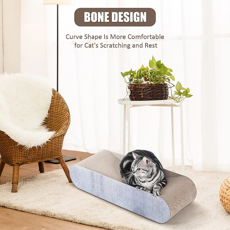 30" Grey Bone-Shaped Cat Scratcher Cardboard Lounge Bed with Recyclable Scratching Pad