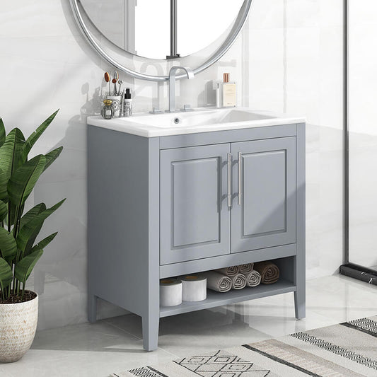 30" Grey Multi-functional Freestanding Bathroom Vanity Cabinet with 2 Doors and Open Shelf