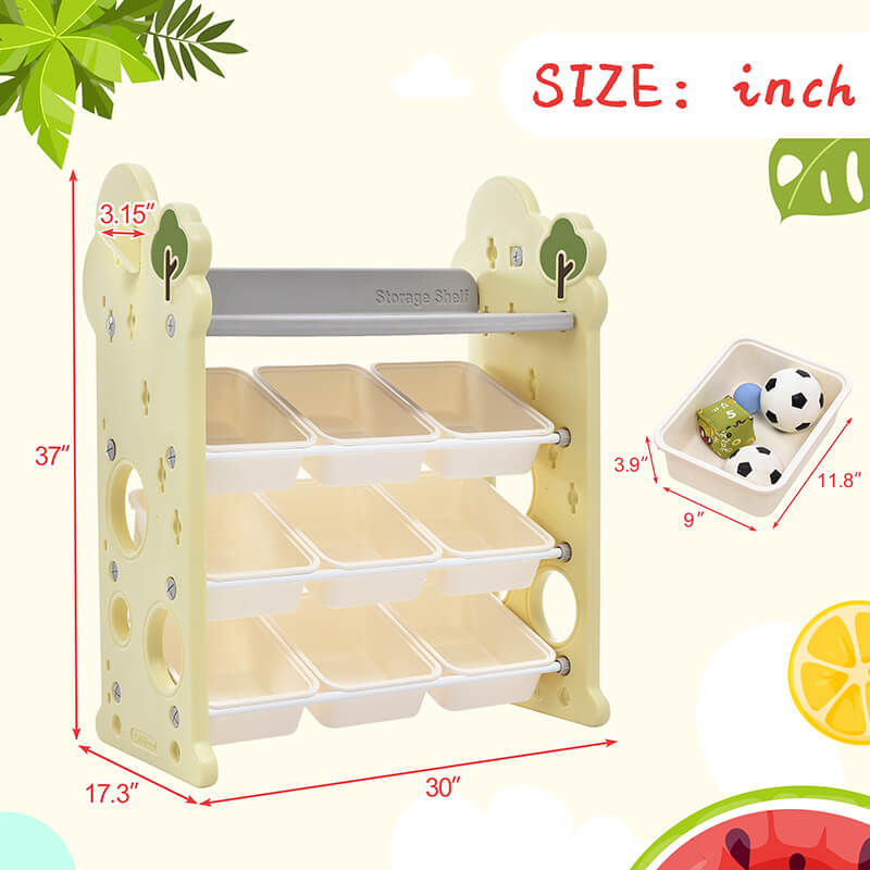 A dimension Image of our 30" Light Green Multifunctional 4-Tier Kids Toy Storage Organizer with 9 Bins 