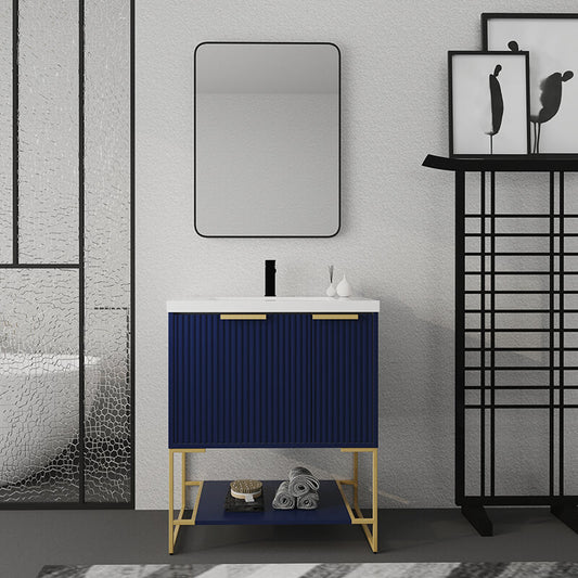 30" Luxury Navy Blue Freestanding Bathroom Vanity with Resin Top and Soft Close Doors