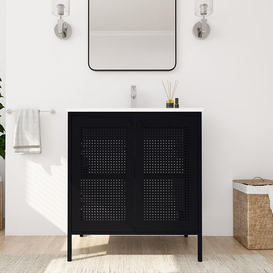 30" Modern Black Steel Freestanding Bathroom Vanity Cabinet with White Ceramic Sink and 2 Doors