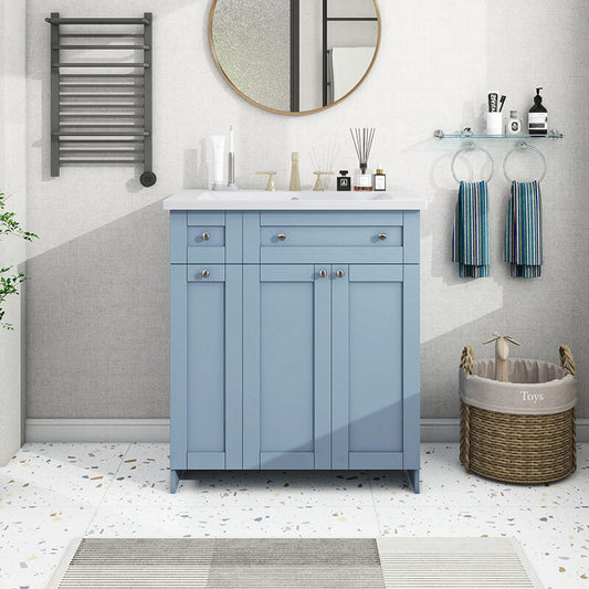 30" Modern Blue Bathroom Vanity Cabinet with Integrated Resin Sink