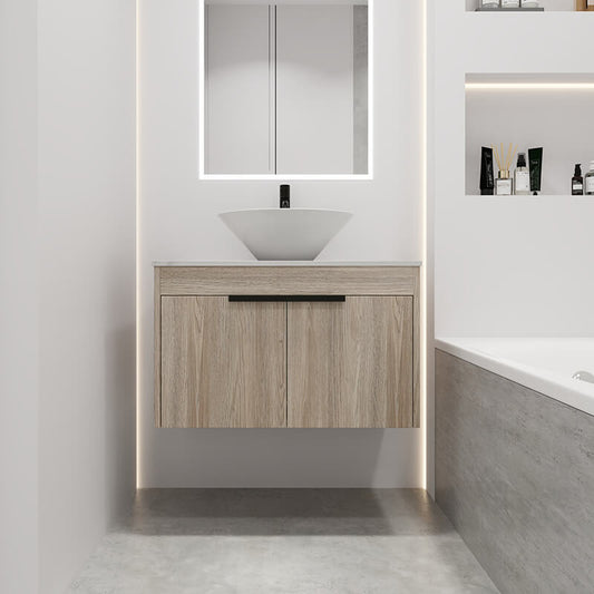 30" Modern Design Ceramic Art Sink White Oak Floating Bathroom Vanity with White Flat Stone Slab and 2 Soft Closing Doors