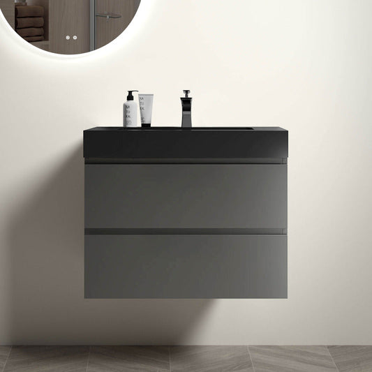 30 Modern Grey Alice Wall-Mounted Bathroom Vanity with Black Sink and 2 Drawers