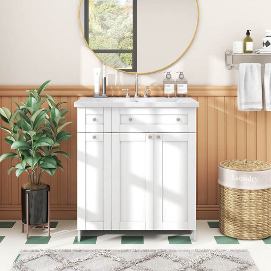 30" Modern White Bathroom Vanity Cabinet with Integrated Resin Sink