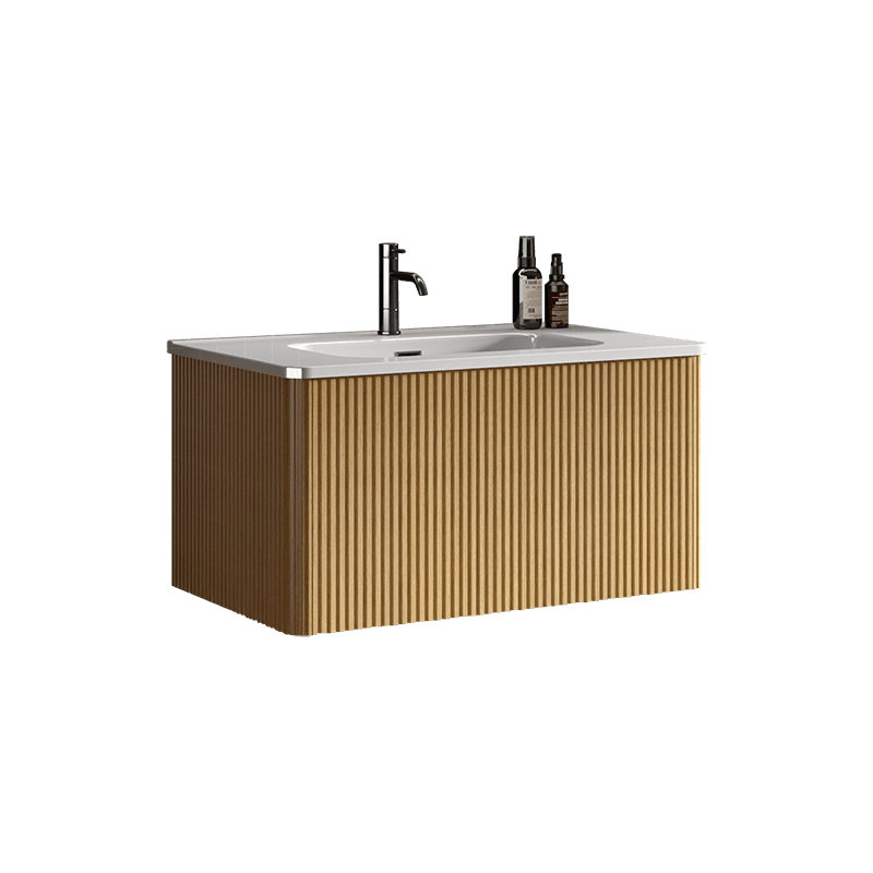 30" Etna Striped Natural Oak Texture Floating Bathroom Vanity with Push Open Drawer and Glossy Ceramic Sink