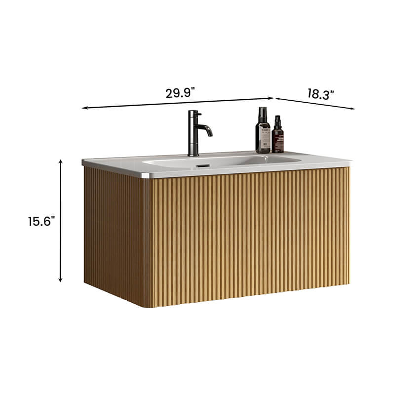 A dimension Image of the 30" Etna Striped Natural Oak Texture Floating Bathroom Vanity with Push Open Drawer and Glossy Ceramic Sink