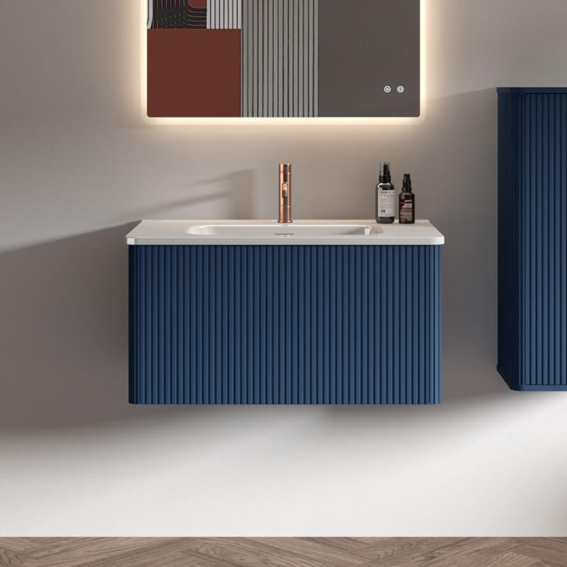 30" Etna Striped Navy Blue Texture Floating Bathroom Vanity with Push Open Drawer and Glossy Ceramic Sink