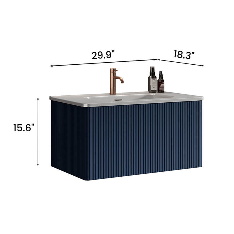 A dimension Image of the 30" Etna Striped Navy Blue Texture Floating Bathroom Vanity with Push Open Drawer and Glossy Ceramic Sink 