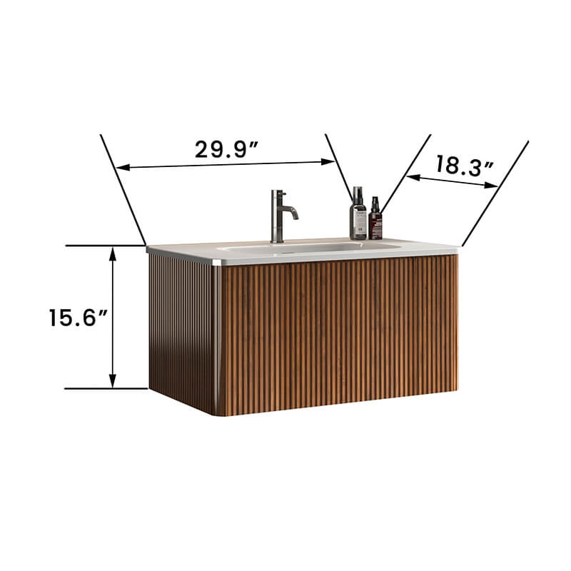 A dimension Image of the 30" Etna Striped Walnut Texture Floating Bathroom Vanity with Push Open Drawer and Glossy Ceramic Sink