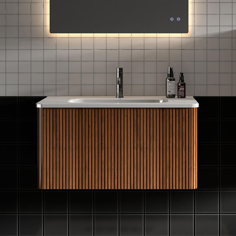 30" Etna Striped Walnut Texture Floating Bathroom Vanity with Push Open Drawer and Glossy Ceramic Sink