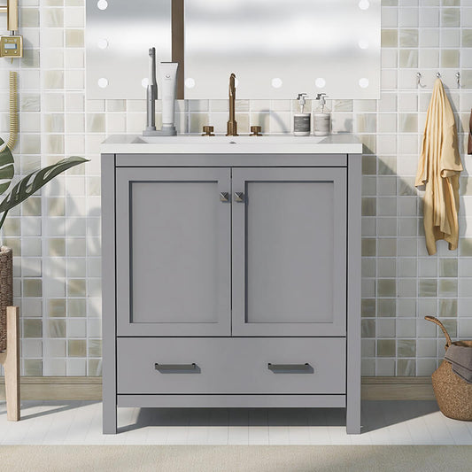 30"W Multifunctional Single Sink Grey Freestanding Bathroom Vanity Combo Cabinet with 2 Doors and a Drawer