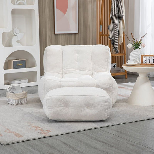 30" White Fluffy Bean Bag Chair with Memory Foam and Ottoman