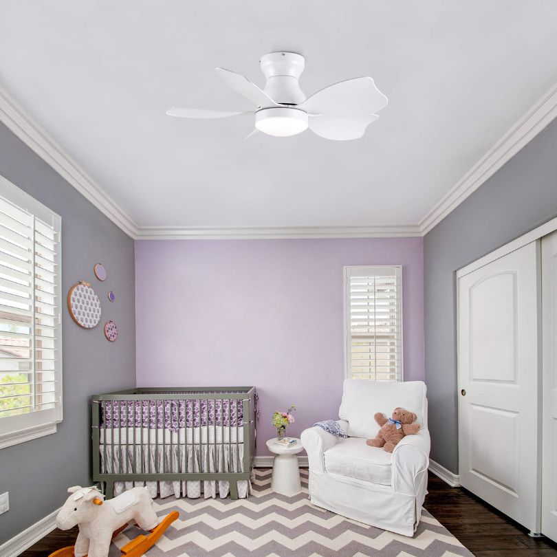 30" White Flush Mount Ceiling Fan with Light and 5 Blades