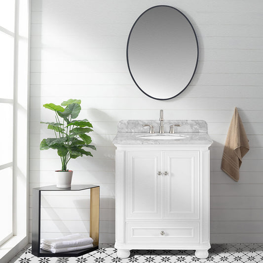 30" White Freestanding Bathroom Vanity with Carrara Marble Top