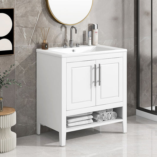 30" White Multi-functional Freestanding Bathroom Vanity Cabinet with 2 Doors and Open Shelf