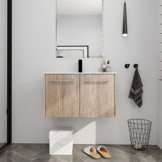 30" White Oak Wall Mounted Bathroom Vanity With Ceramic Sink Top