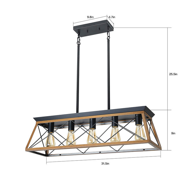 A dimension Image of the 31.5" Antique Walnut 5-Light Linear Rectangular Pendant Light Chandelier