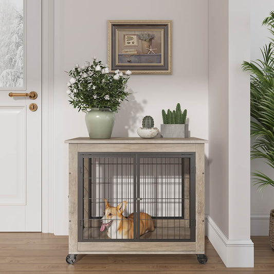 31.5 Gray Furniture-Style Dog Crate on Wheels