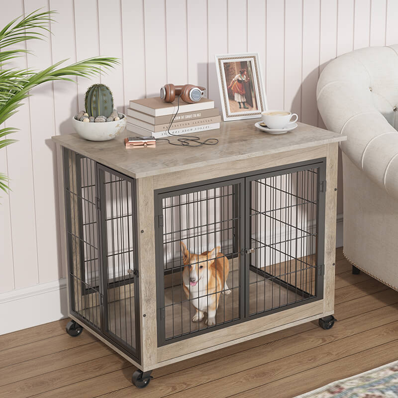 31.5 Gray Furniture-Style Dog Crate on Wheels