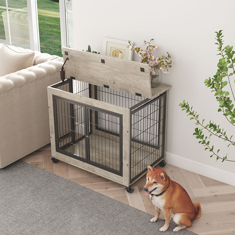 31.5 Gray Furniture-Style Dog Crate on Wheels